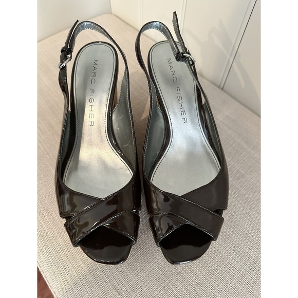 Marc Fisher Brown Patent Faux Leather‎ Cork Wedges, Open Toe, Size 8.5M - Picture 2 of 12